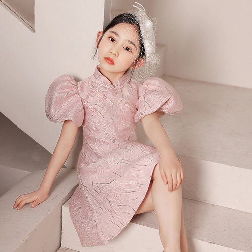 生日钢琴礼服公主裙女大童中国风走秀泡泡袖连衣裙2026花童旗袍裙