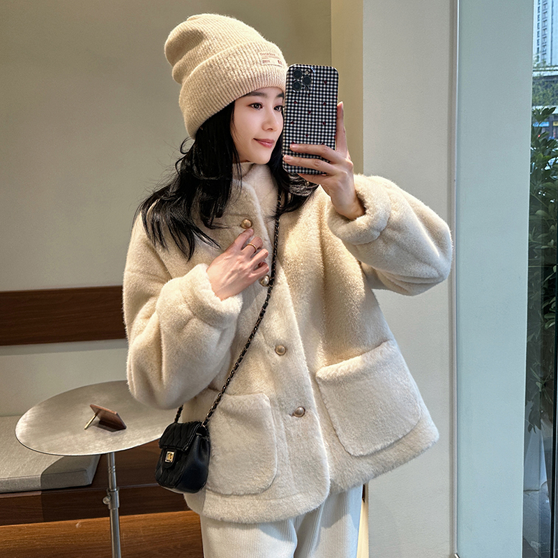 韩版宽松水貂毛绒短款立领外套女