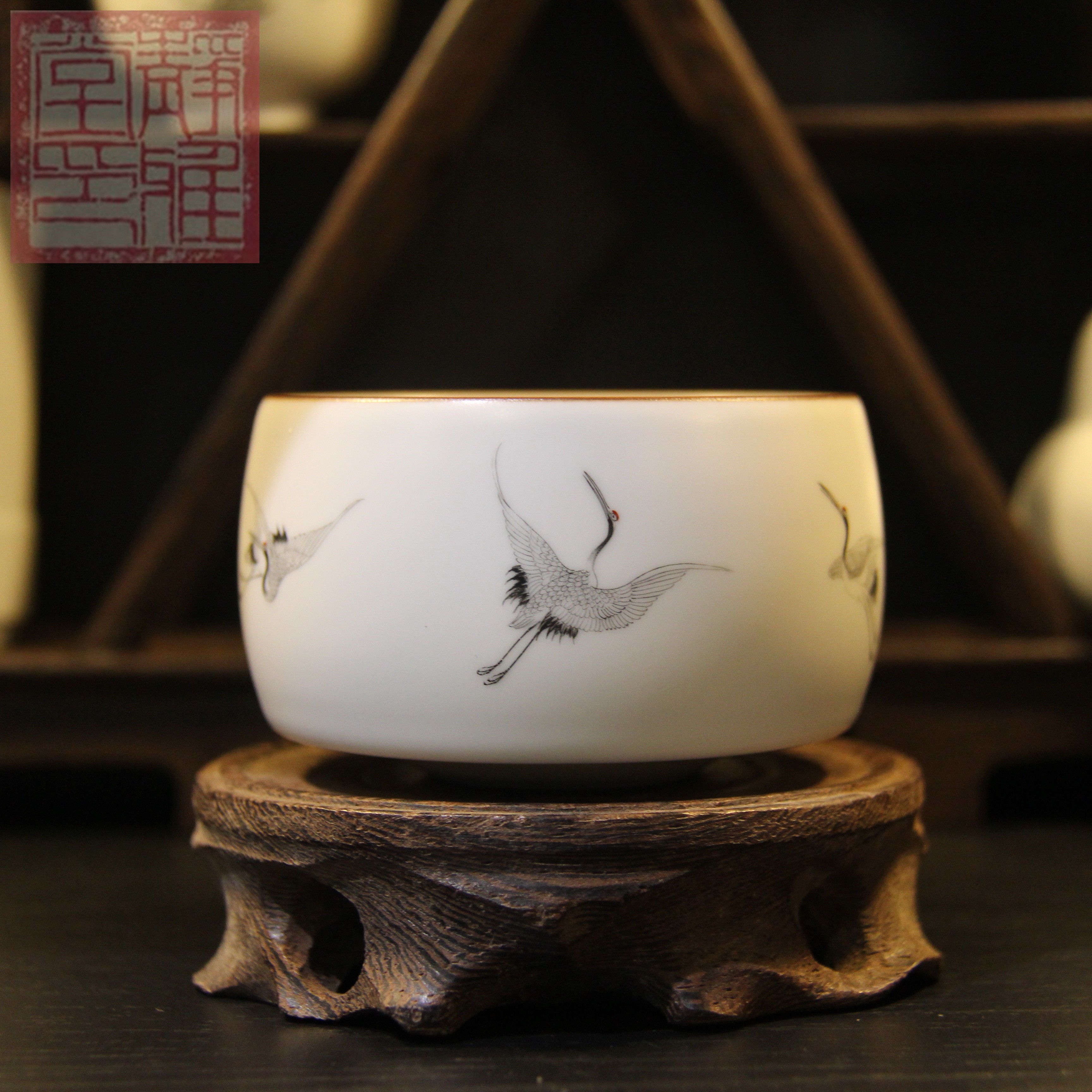 『静雅堂』景德镇九段烧妙手燔功月光白亚光六福仙鹤品茗主人杯