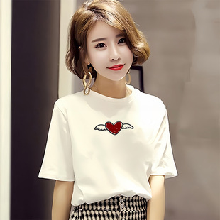2026夏季新款白色减龄爱心印花短袖T恤女百搭宽松圆领显瘦上衣潮