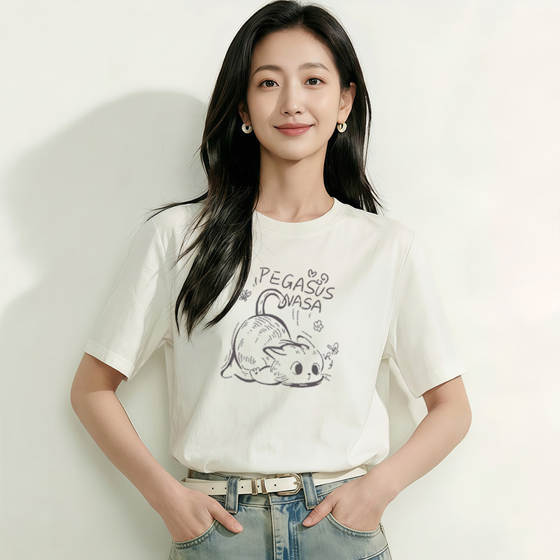 2026夏季新款复古小猫印花白色短袖T恤女宽松圆领百搭休闲上衣女