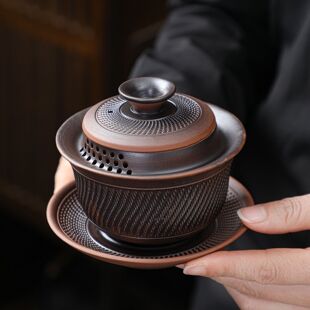 原矿手工紫陶三才盖碗单个防烫茶碗家用功夫高档办公礼品茶具