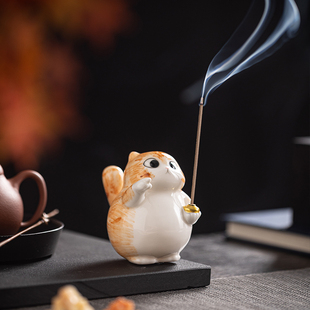 你发财小花猫香插香座创意陶瓷手工小香炉家用室内檀沉香香薰摆件