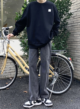 春夏垂感水洗烟灰色牛仔裤男直筒宽松港风做旧阔腿裤子男ins潮流