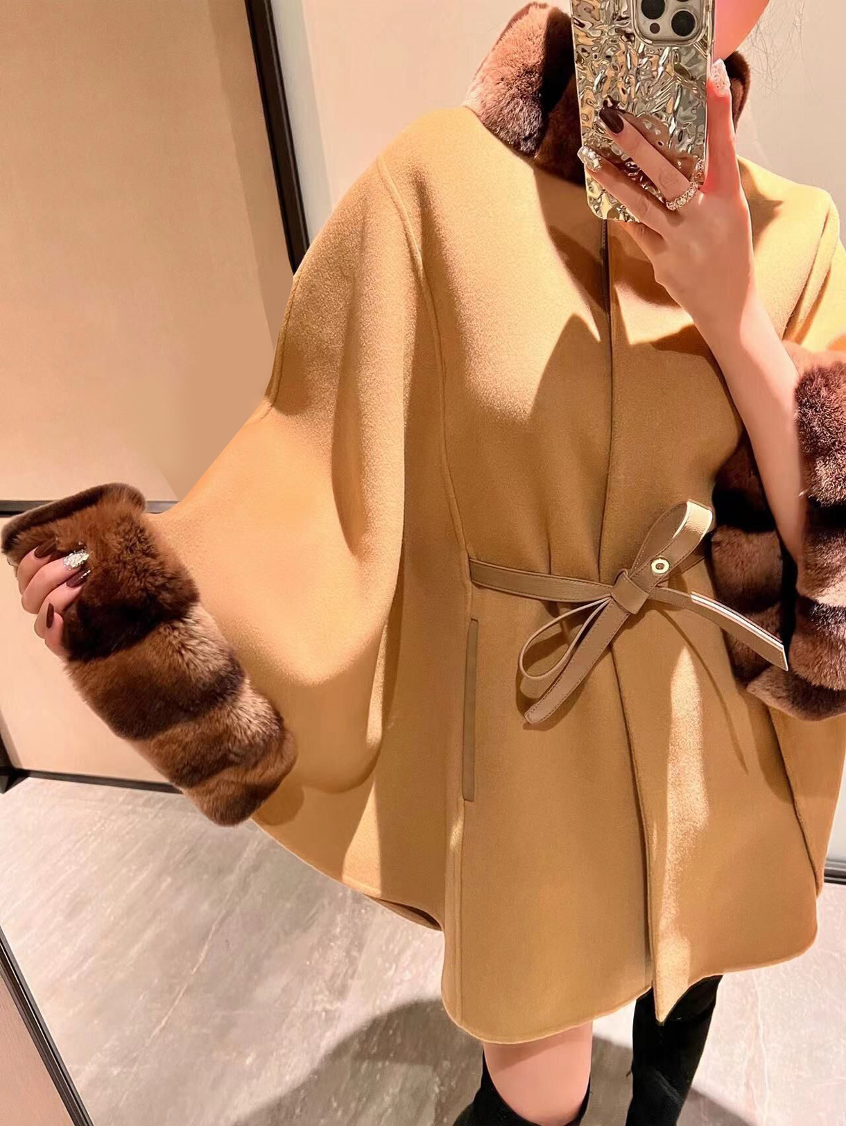 镇店镇柜 贵妇大衣 双面手工手缝羊绒 青紫蓝獭兔绒腰带斗篷外套