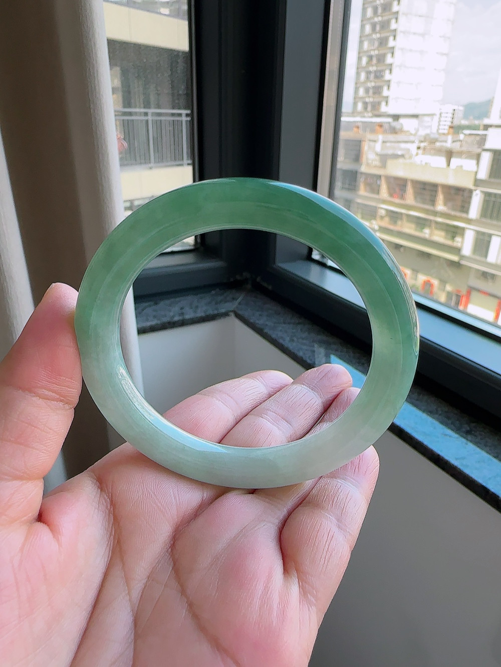 天然翡翠缅甸A货56圈冰糯种水润半山半水圆条手镯尺寸56*10.1mm