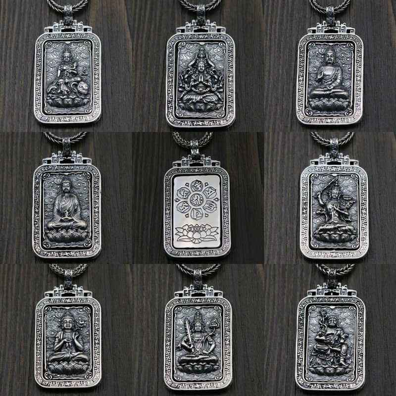 泰银挂饰八大守护神吊坠男纯银十二生肖本命佛项链佛牌双面可翻转