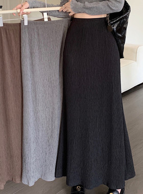 慵懒风褶皱A字鱼尾高腰半身裙女春夏2026新款休闲显瘦美拉德长裙