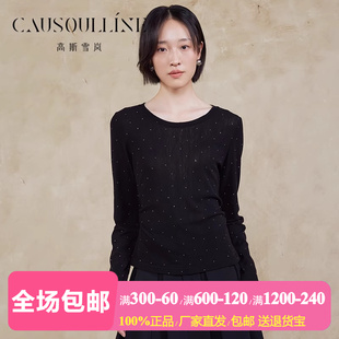 t恤女圆领露锁骨休闲上衣 商场同款 高斯雪岚黑色点点薄款 长袖