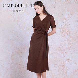 连衣裙收腰修身 高斯雪岚深红色V领短袖 中年通勤裙子 商场同款