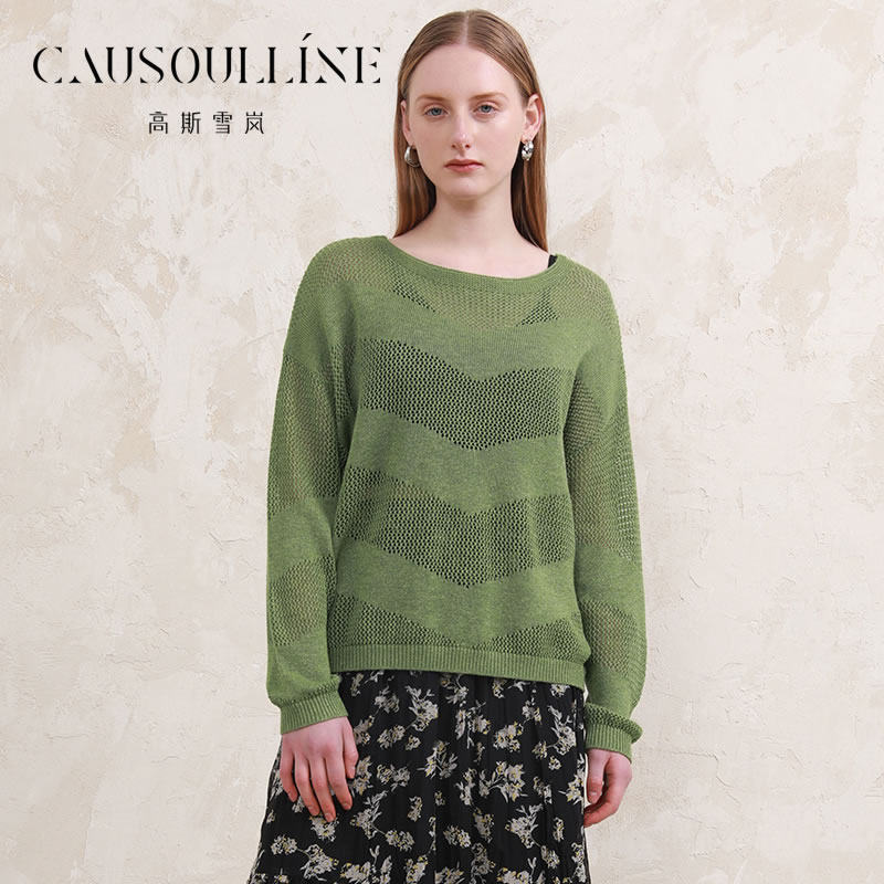 【商场同款】高斯雪岚薄款镂空一字领套头针织衫女慵懒风宽松毛衣