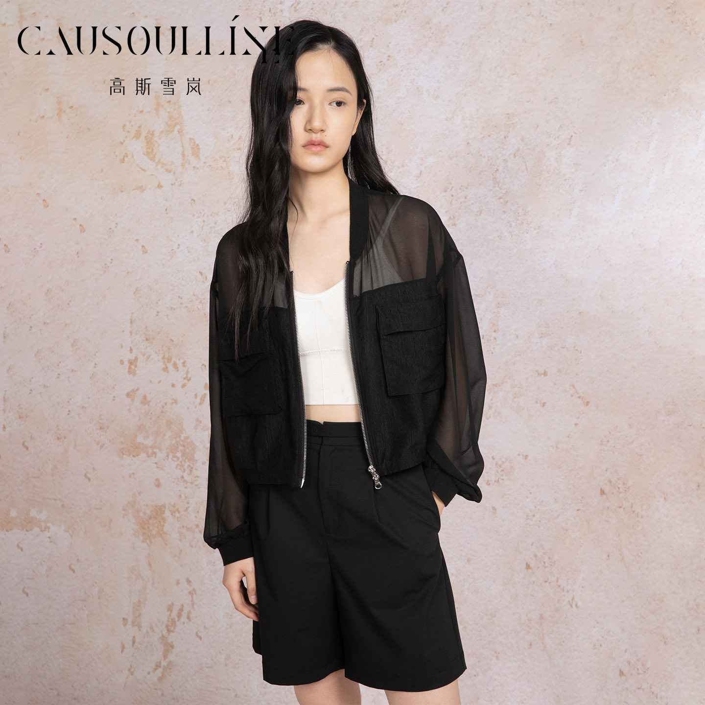 【商场同款】高斯雪岚薄款黑色半透明拉链夹克外套女防晒衫空调衫