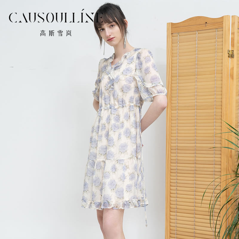 【断码清仓】高斯雪岚减龄木耳边花卉印花短袖连衣裙淑女雪纺裙子