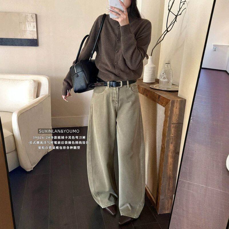 素心兰/YOUMO秋冬女美式植绒撞色绣线弯刀牛仔裤39026-2(配腰带)