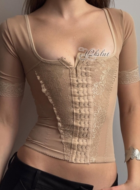 y2kslut外贸ins欧美小众时髦复古百搭短袖压力收腹三排扣塑身衣