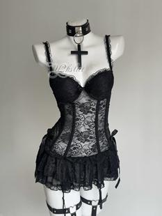 性感甜蜜芭蕾复古黑蕾丝网纱睡裙小胸聚拢带钢圈胸垫 y2kslut法式