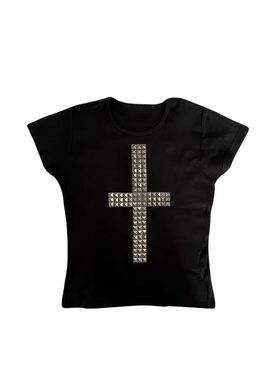 y2kslut原创设计ins小众个性朋克重工金属四方珠十字架短袖T恤女