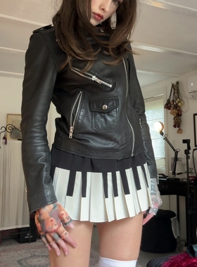 y2Kslut外贸个性小众ins时髦复古辣妹黑白钢琴键百褶裙半身裙短裙