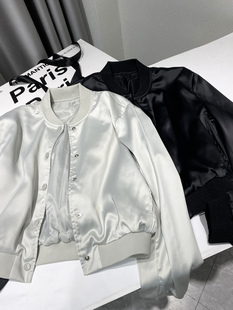 高街大牌风仿绸缎亮面排扣棒球服亮面醋酸短款飞行员夹克外套开衫