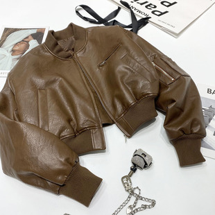 辣妹风复古棕色哑光夹棉皮衣短款MA1飞行员加厚棉服夹克外套女潮