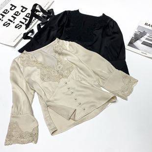 性感气质缎面衬衫 收腰上衣短款 复古仿醋酸蕾丝边深V领泡泡袖 法式