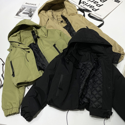 高街大牌风短款夹棉连帽夹克薄款棉衣加厚加棉冲锋衣棉服外套女潮