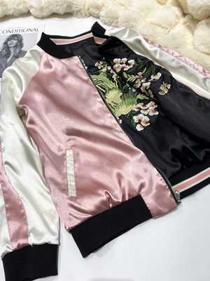 国风缎面刺绣外套撞色两穿夹克