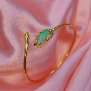 好礼物金枝玉叶金手镯翡翠手镯金镶玉玻璃种飘金丝绿(已结缘)