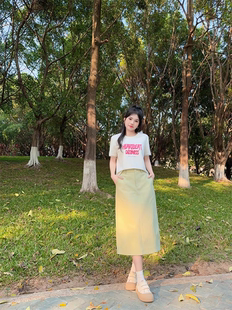 新款 高腰显瘦两件套 白色蕾丝T恤复古果绿色半身裙女夏季 2025法式