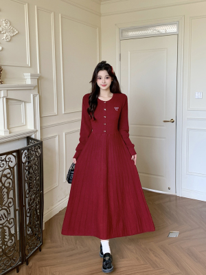 2025冬装新款胖mm大码女甜美气质收腰显瘦长短款内搭针织连衣裙