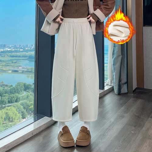 2025冬季新款大码女装胖mm加绒加厚休闲九分裤抽绳阔腿裤弯刀裤