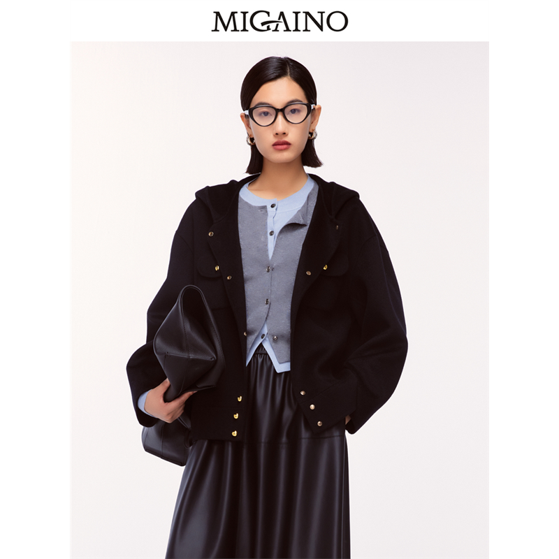 Migaino曼娅奴女装2024年冬季新款时尚简约连帽毛呢大衣MO42SG013