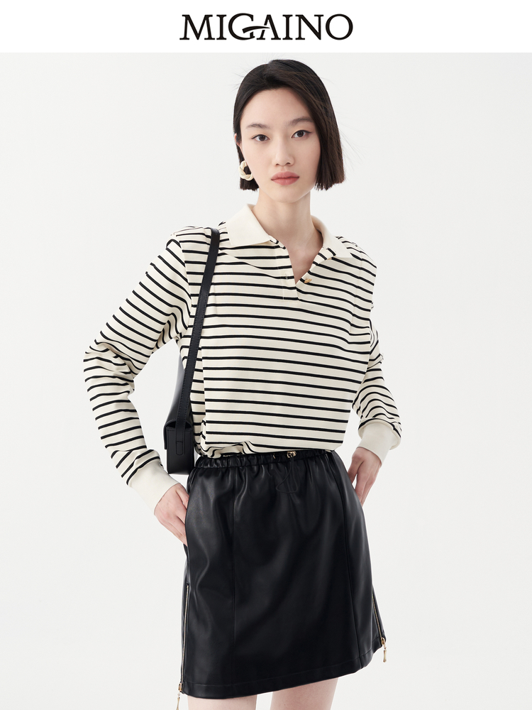 Migaino曼娅奴T恤2023年春季新款翻领条纹宽松长袖上衣MN32RC053