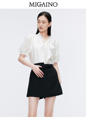 Migaino曼娅奴衬衫2024夏季新款蝴蝶结泡泡袖上衣MO22AA088