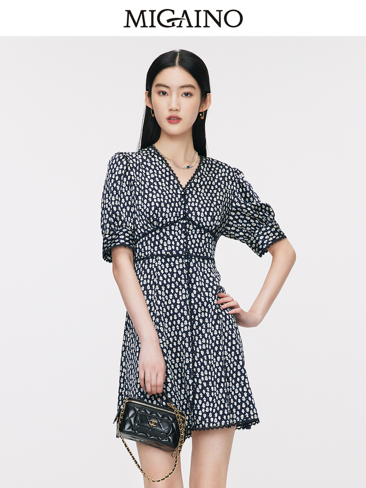 Migaino曼娅奴连衣裙女2024春季新款时尚蕾丝花边高腰显瘦碎花裙