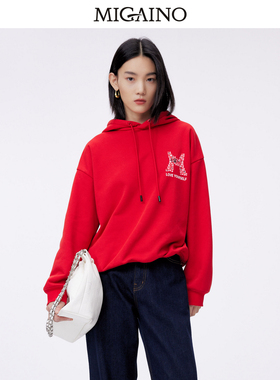 Migaino曼娅奴卫衣女2024早春新款红色连帽休闲卫衣MO12QC005