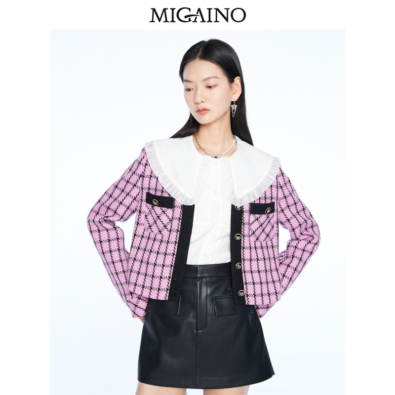 Migaino曼娅奴2023早春设计感小香风格子长袖短款外套MN14SC651