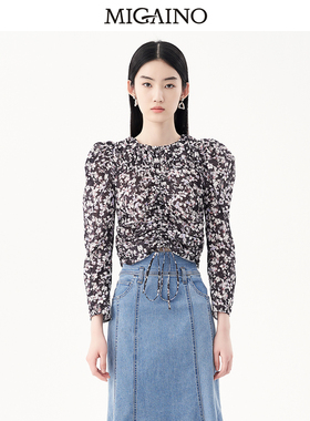 短袖！曼娅奴衬衫女2023年春季新款设计感印花长袖上衣MN32AC080