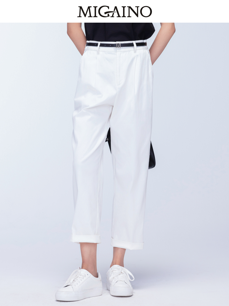Migaino曼娅奴女装2024年早秋新款白色薄款休闲裤九分裤MO32BC022