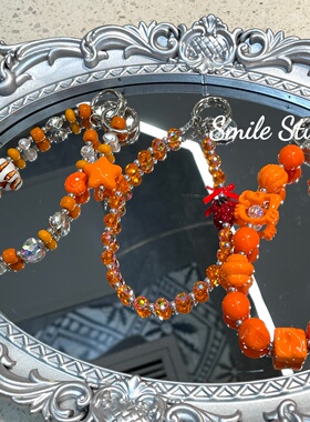 橘橙色INS高级水晶KT草莓甜美钥匙扣挂绳挂链手机链闺蜜CCD相机女