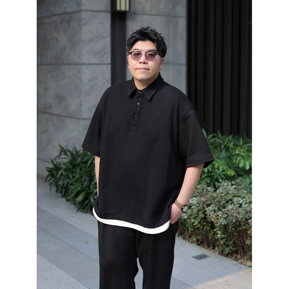 路人社 假两件短袖T恤男宽松大Polo衫