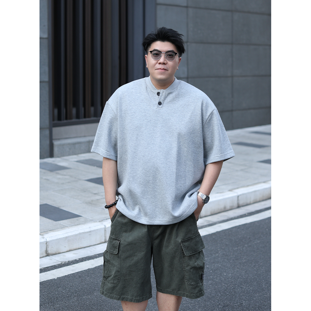 路人社 亨利领短袖T恤男高级感大码男装英伦痞帅微胖男士休闲上衣