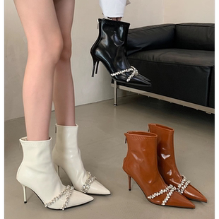 小踝靴加绒瘦瘦靴女黑色尖头高跟靴子 水钻法式 高跟鞋 短靴秋冬新款