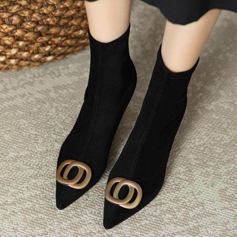 瘦瘦靴细跟尖头金属扣短靴秋新款