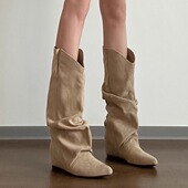 卡其色西部牛仔靴百搭废土风堆堆靴女2026新款 内增高显瘦复古长靴