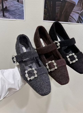 内增高方头水钻单鞋女鞋子2025秋冬季加绒灰色毛毛鞋玛丽珍晚晚鞋