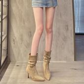 卡其色靴子女细跟2026秋冬新款 显瘦中筒堆堆靴 尖头百搭短靴高跟鞋