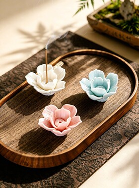 非遗陶瓷莲花牡丹线香香插摆件