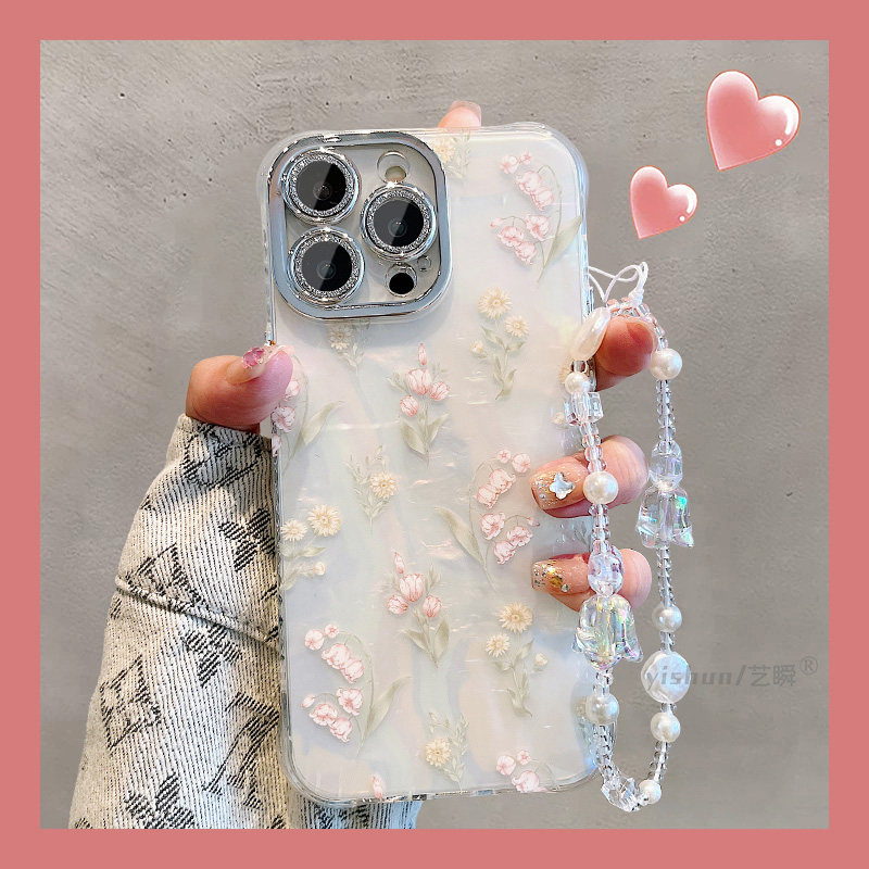 适用苹果15ProMax手机壳iPhone14唯美贝壳纹小清新花朵12女款11自带闪钻镜头膜13pro全包硅胶14Pro