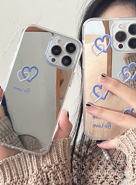 适用于苹果11镜面ins风爱心13/14promax手机壳新款女12pro硅胶xr蓝色xs防摔78PLUS保护套网红14PRO